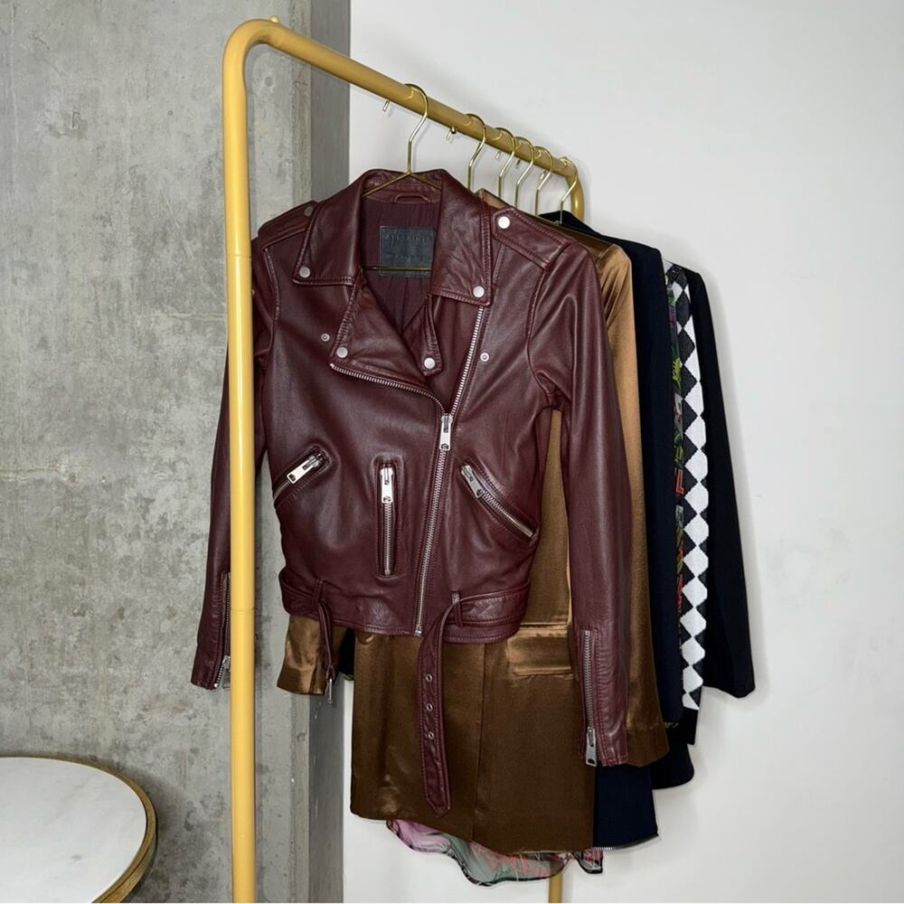 ALLSAINTS Balfern Moto Leather Biker Jacket in Burgundy Womens 0 EUC - Picture 4 of 17